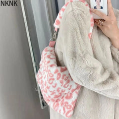 Pink Leopard Print Girls Furry Handbag Soft Plush Large Shoulder Bag