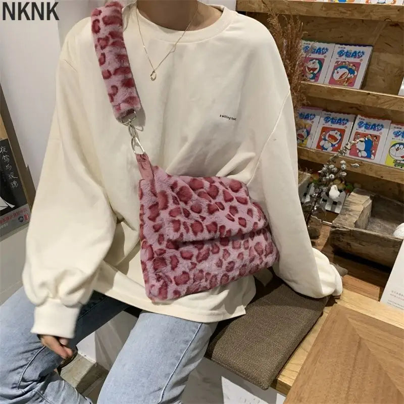 Pink Leopard Print Girls Furry Handbag Soft Plush Large Shoulder Bag