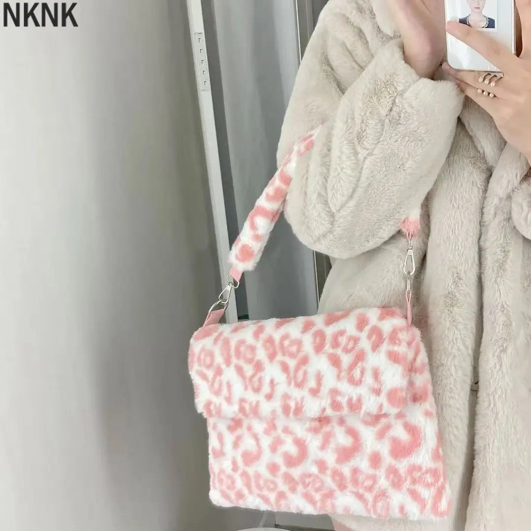 Pink Leopard Print Girls Furry Handbag Soft Plush Large Shoulder Bag