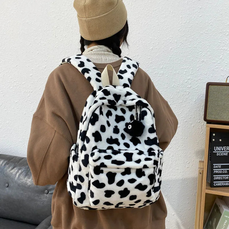 Plush Women Backpack Cow Spotted Travel Bag College School Bag