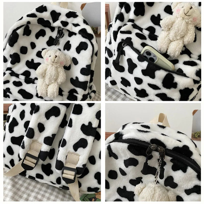 Plush Women Backpack Cow Spotted Travel Bag College School Bag