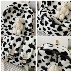 Plush Women Backpack Cow Spotted Travel Bag College School Bag