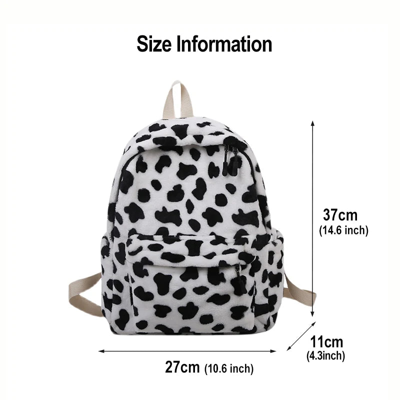 Plush Women Backpack Cow Spotted Travel Bag College School Bag
