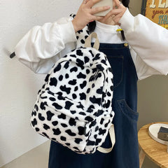 Plush Women Backpack Cow Spotted Travel Bag College School Bag