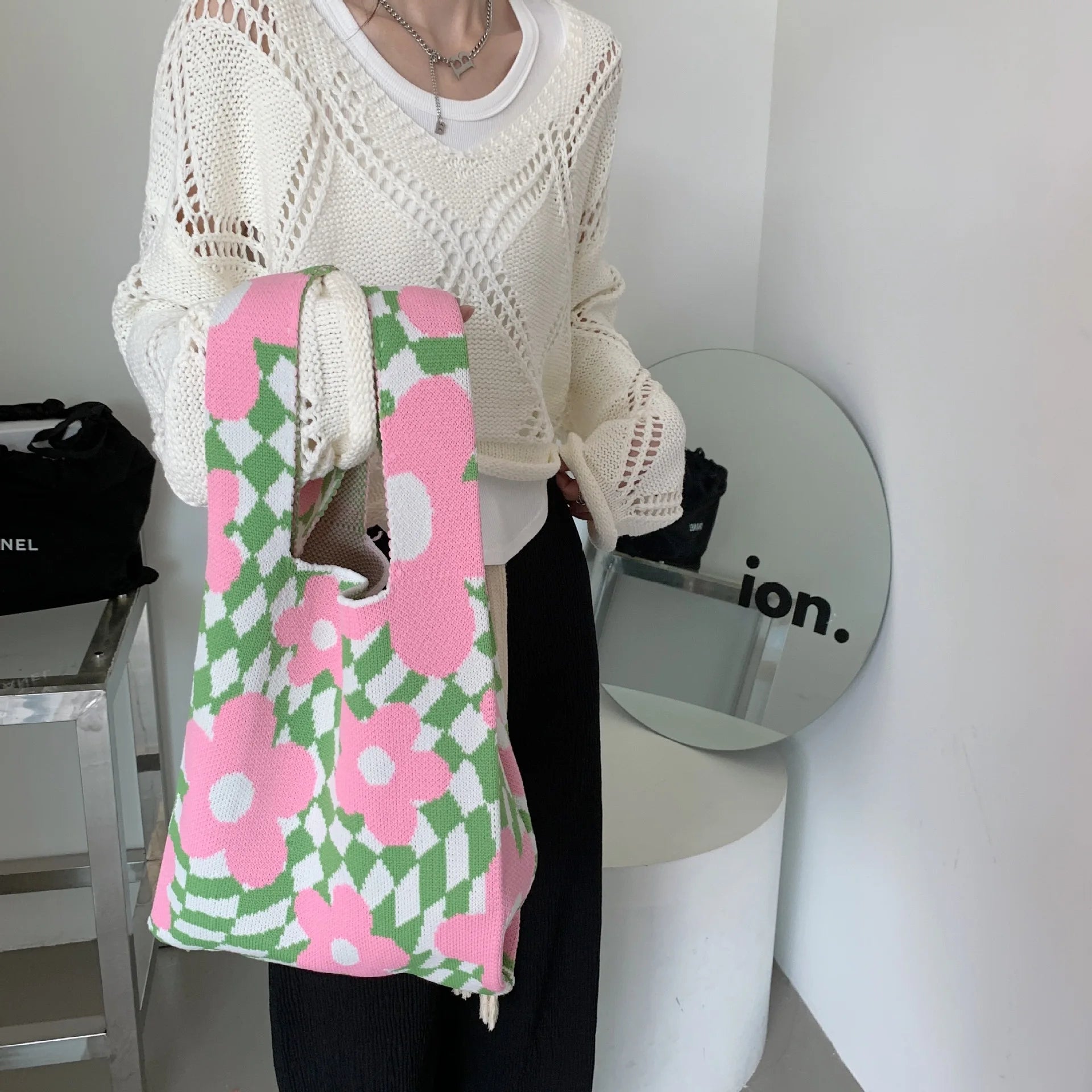 Women's Knitted Handbags Matching Flower Purse Tote Bags Large Capacity
