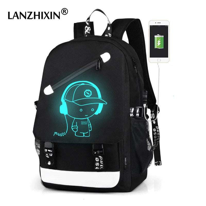 Luminous Music Boy Laptop USB Backpack Men Bag Casual Anti-theft Backpacks