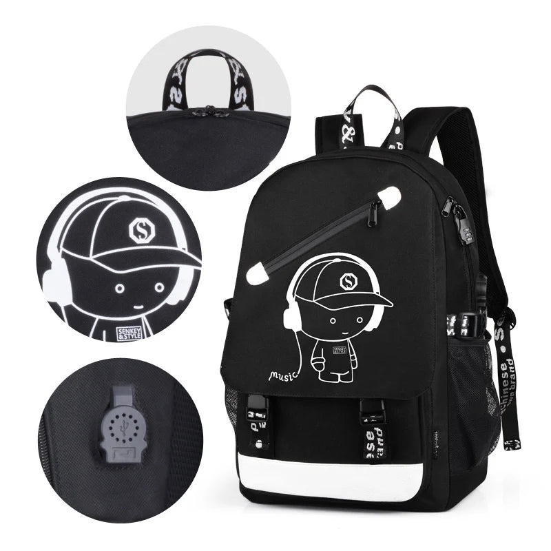 Luminous Music Boy Laptop USB Backpack Men Bag Casual Anti-theft Backpacks