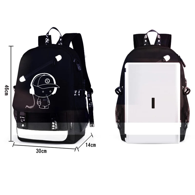 Luminous Music Boy Laptop USB Backpack Men Bag Casual Anti-theft Backpacks