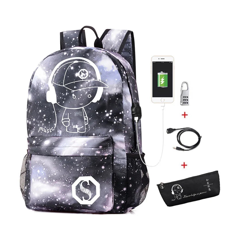 Luminous School Backpack Oxford Cartoon School Bag with USB Cable and Lock
