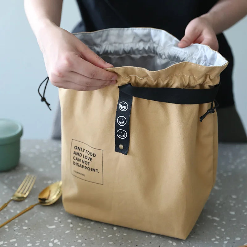 Canvas Lunch Bag Drawstring Insulated Cold Storage Camping Student Office