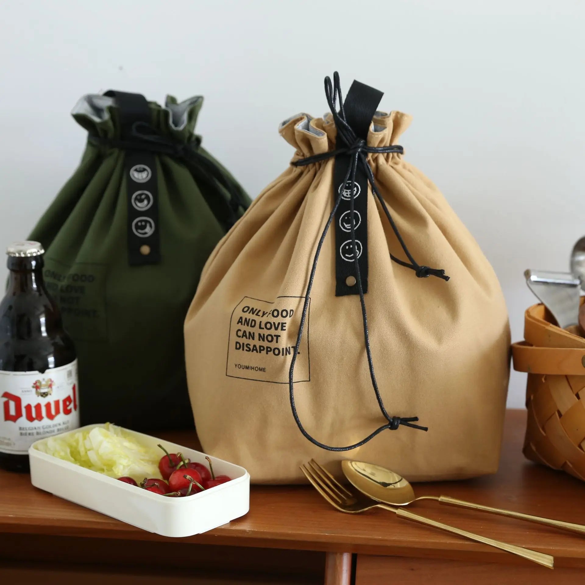Canvas Lunch Bag Drawstring Insulated Cold Storage Camping Student Office