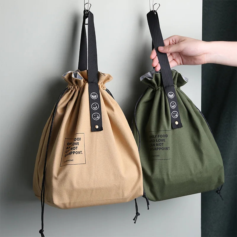 Canvas Lunch Bag Drawstring Insulated Cold Storage Camping Student Office