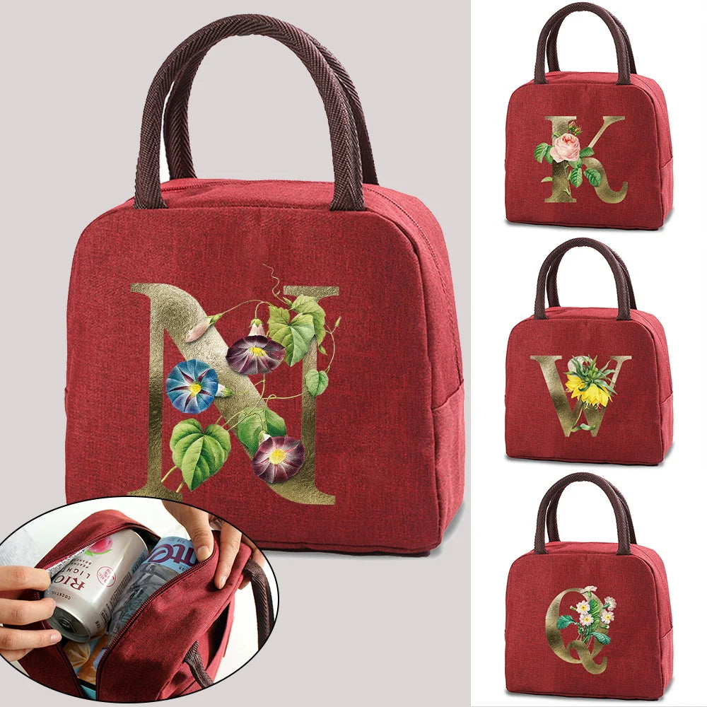 Golden Flower Lunch Bag Cooler Tote Insulated Box for Women Kids Travel