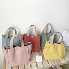 Corduroy Canvas Lunch Bag Picnic Tote Cotton Cloth Handbag