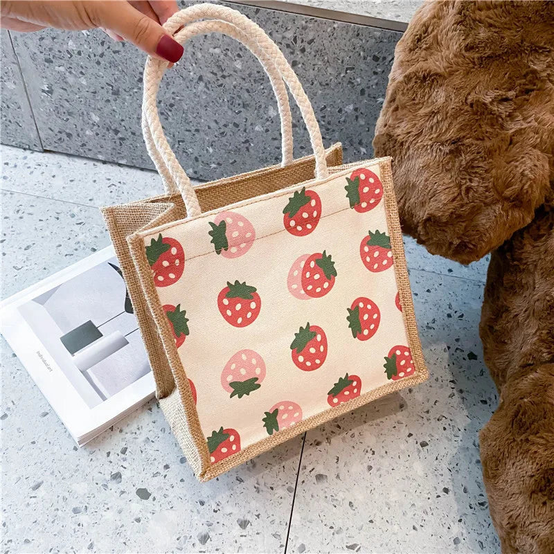 Cartoon Canvas Lunch Bag for Women, Portable Office Worker Tote HandBag