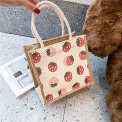 Cartoon Canvas Lunch Bag for Women, Portable Office Worker Tote HandBag