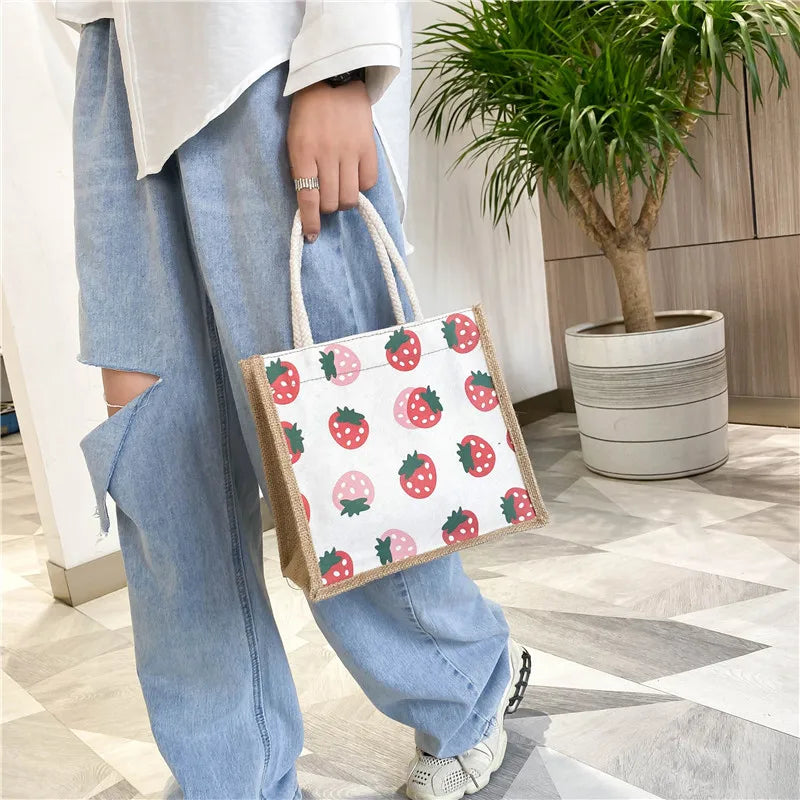 Cartoon Canvas Lunch Bag for Women, Portable Office Worker Tote HandBag