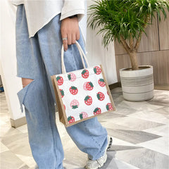 Cartoon Canvas Lunch Bag for Women, Portable Office Worker Tote HandBag