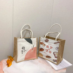 Cartoon Canvas Lunch Bag for Women, Portable Office Worker Tote HandBag