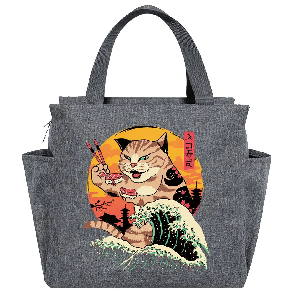 Insulated Japan Cat Print Lunch Bag Thermal Portable Bento Pouch High Capacity