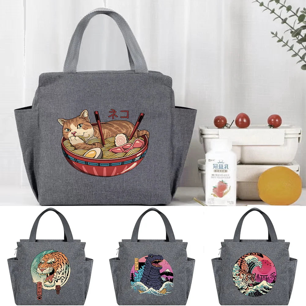 Insulated Japan Cat Print Lunch Bag Thermal Portable Bento Pouch High Capacity