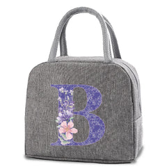 Purple Flower Print Lunch Bag Insulated Thermal Tote Handbag