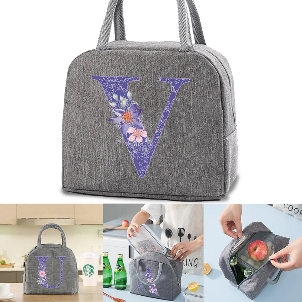 Purple Flower Print Lunch Bag Insulated Thermal Tote Handbag