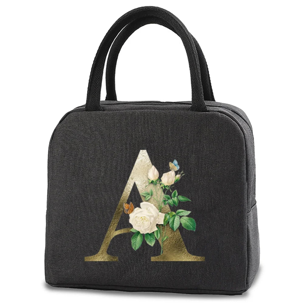 Insulated Lunch Bag Golden Flower Print Thermal Food Lunch Box
