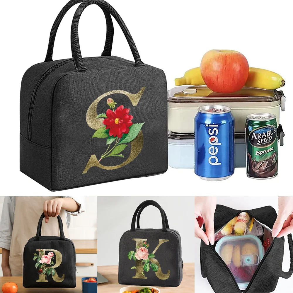 Insulated Lunch Bag Golden Flower Print Thermal Food Lunch Box