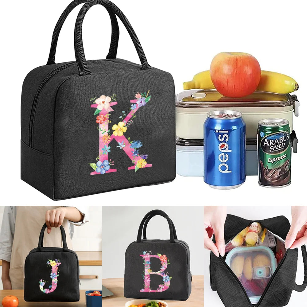 Pink Letter Print Insulated Lunch Bag Kids Food Thermal Tote