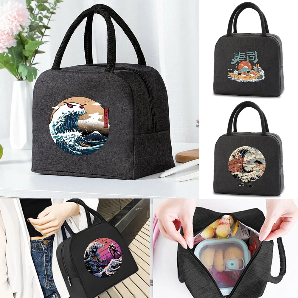 Wave Print Lunch Bag Insulated Cooler Box Portable Handbag