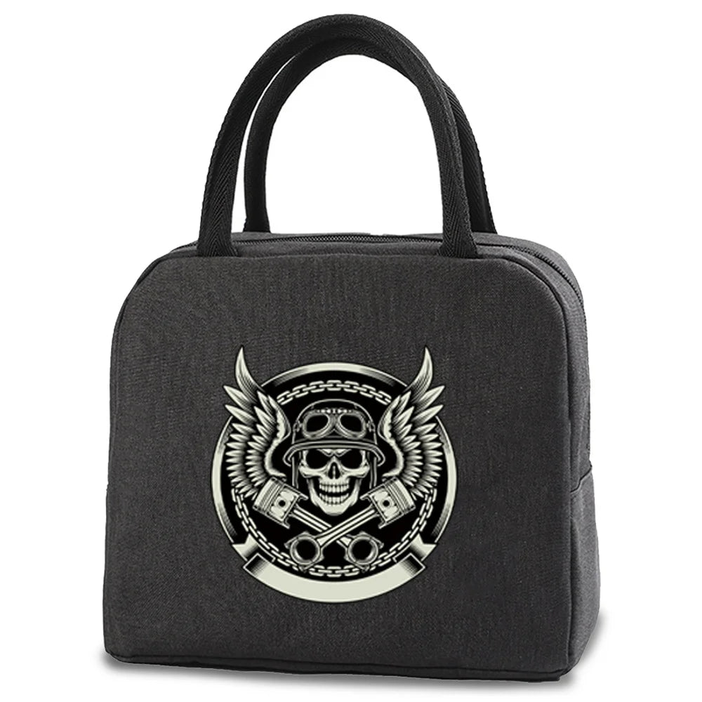 Skull Print Insulated Lunch Bag Canvas Portable Storage Handbag