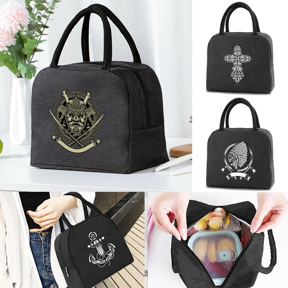 Skull Print Insulated Lunch Bag Canvas Portable Storage Handbag