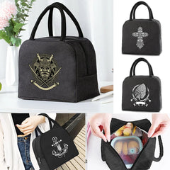 Skull Print Insulated Lunch Bag Canvas Portable Storage Handbag