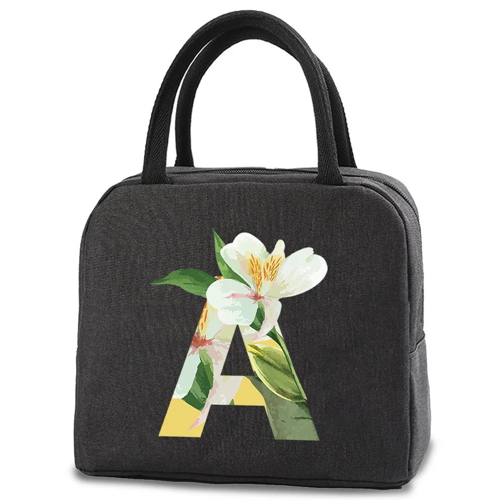 Floral Letter Print Lunch Bag Thermal Insulated Handbag Picnic Tote