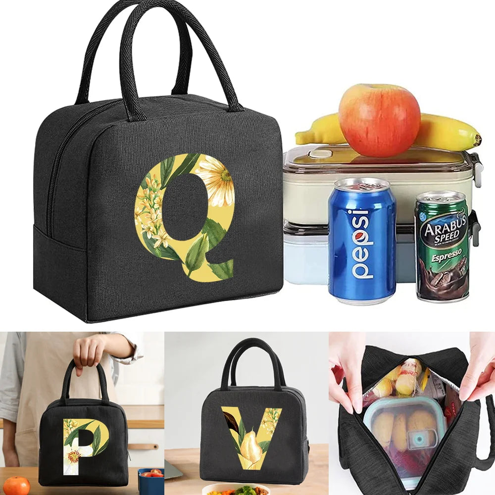 Floral Letter Print Lunch Bag Thermal Insulated Handbag Picnic Tote