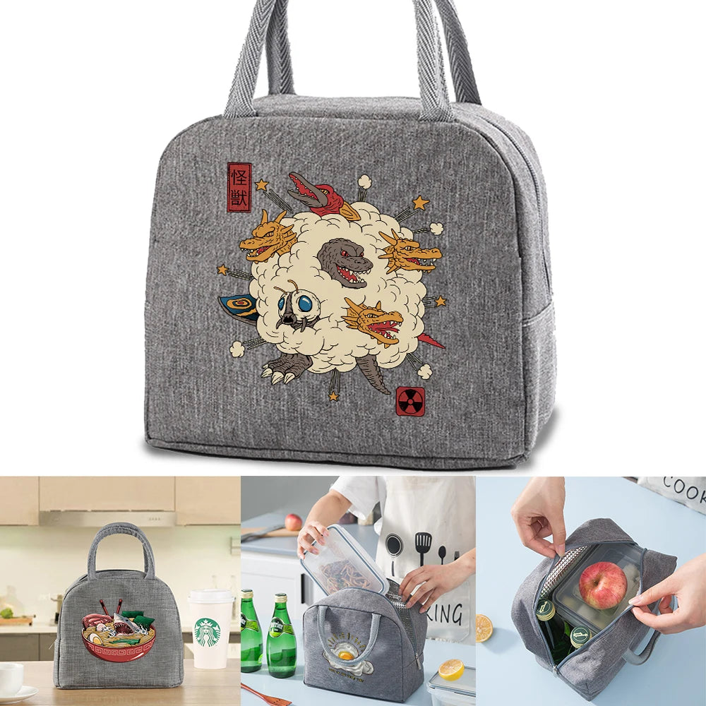 Japan Print Canvas Lunch Bag Insulated Cooler Women Kids Thermal Organizer