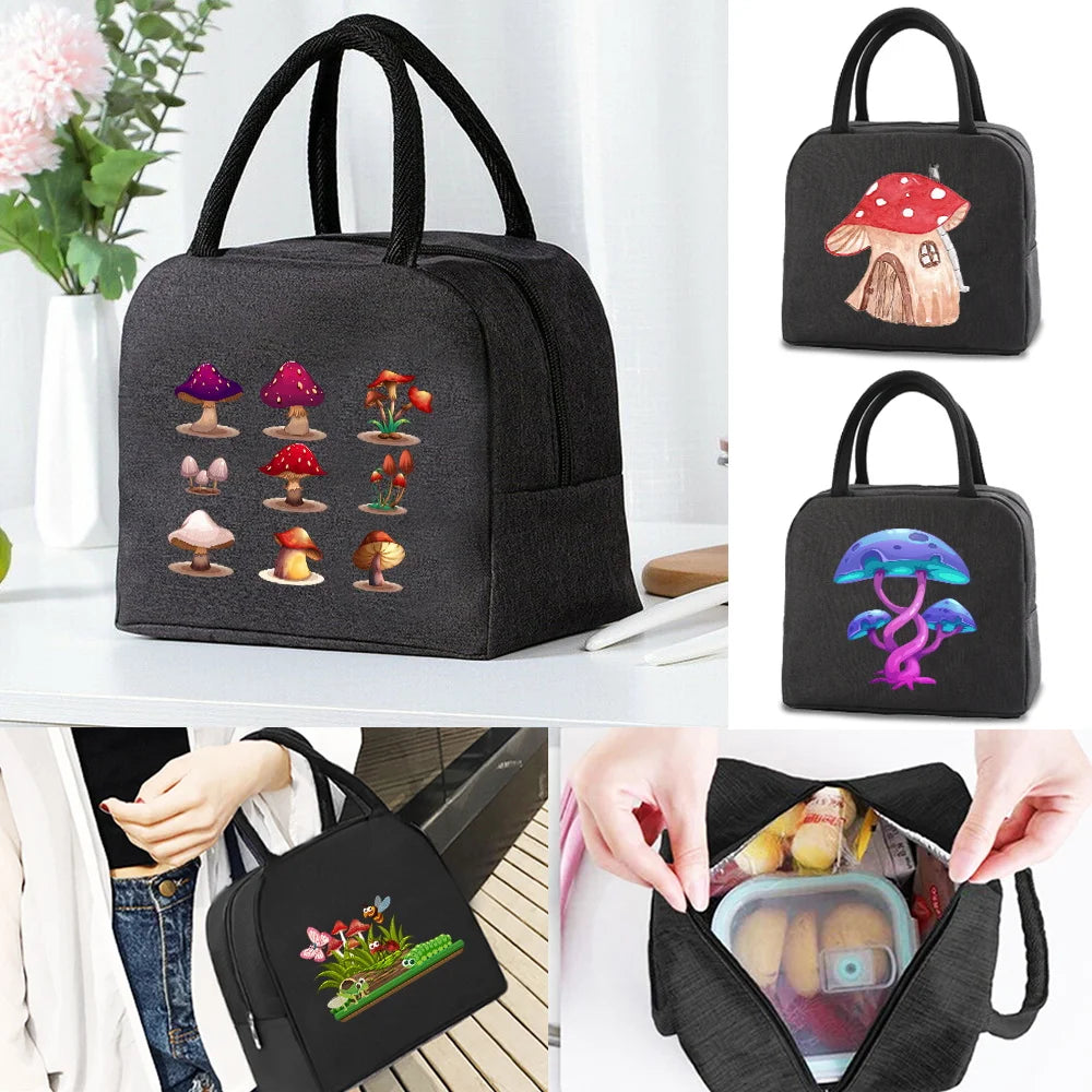 Insulated Lunch Cooler Bag Mushroom Print Zipper Handbag