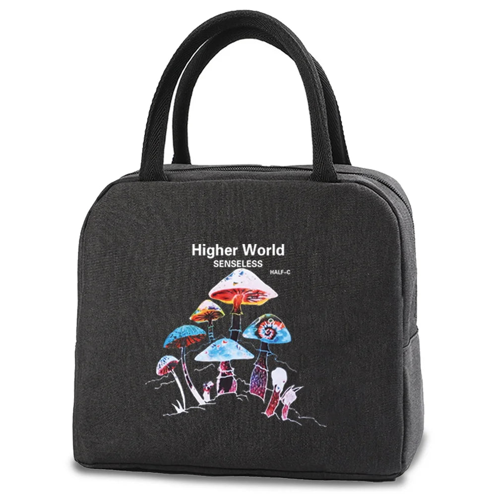 Insulated Lunch Cooler Bag Mushroom Print Zipper Handbag