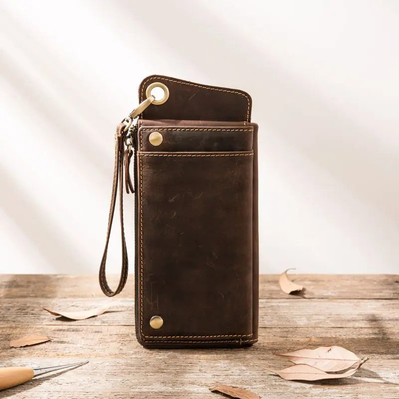 Vintage Men's Leather Clutch Wallet Top Crazy Horse Leather Zipper Phone Purse