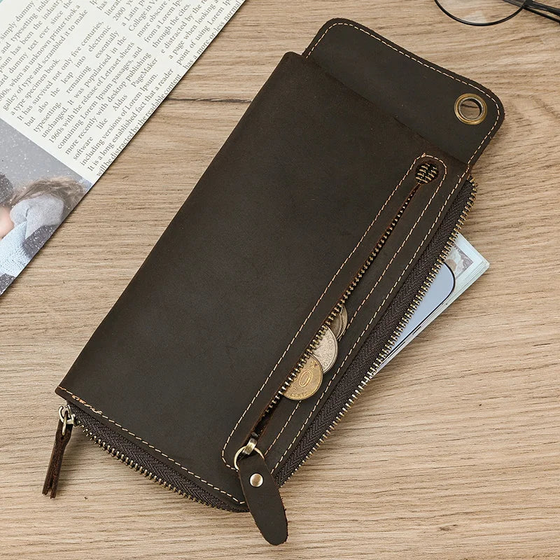 Vintage Men's Leather Clutch Wallet Top Crazy Horse Leather Zipper Phone Purse