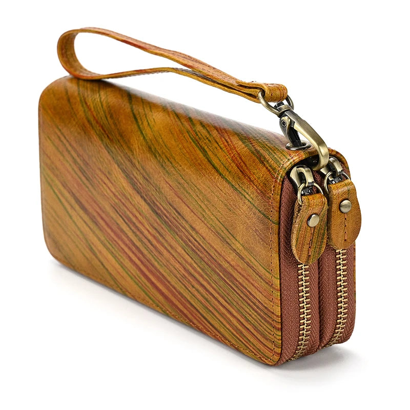 Long Wallet Leather Men Women Double Zipper Long Purse Real Cowskin Long Clutch