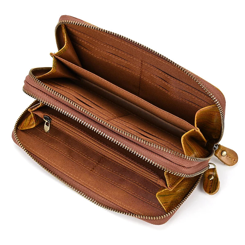 Long Wallet Leather Men Women Double Zipper Long Purse Real Cowskin Long Clutch