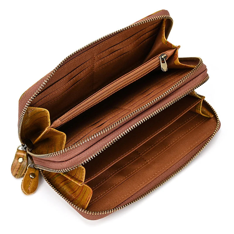 Long Wallet Leather Men Women Double Zipper Long Purse Real Cowskin Long Clutch
