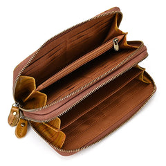 Long Wallet Leather Men Women Double Zipper Long Purse Real Cowskin Long Clutch