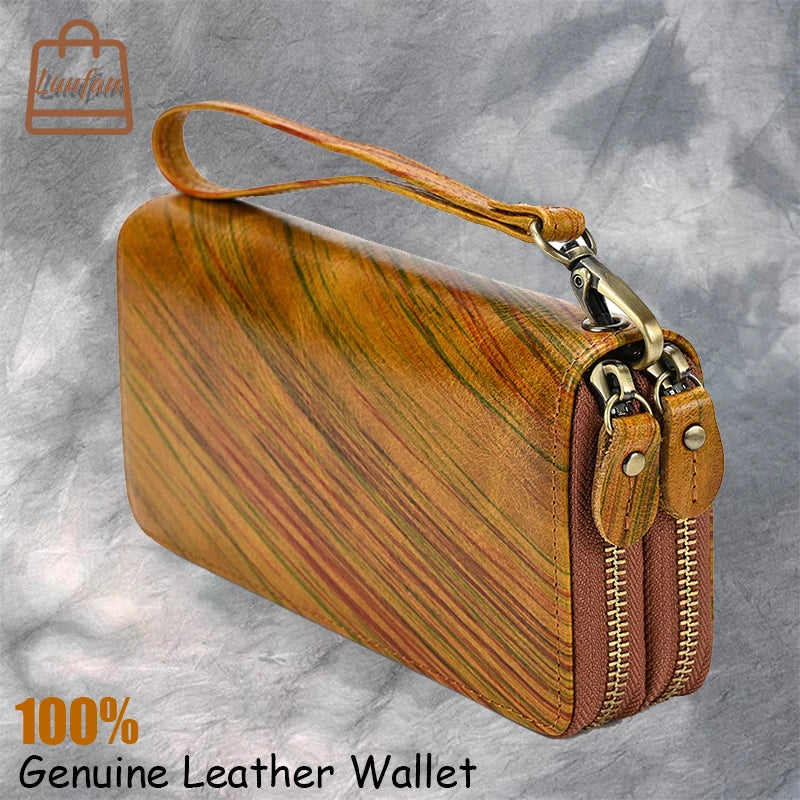 Long Wallet Leather Men Women Double Zipper Long Purse Real Cowskin Long Clutch