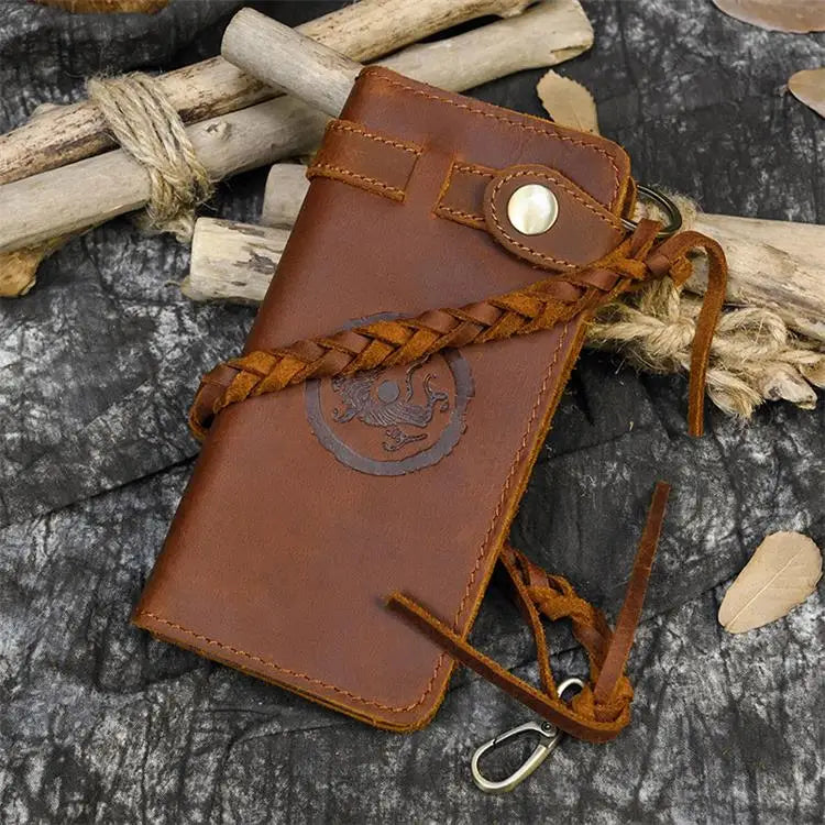 Vintage Leather Wallet Clutch Bag with Braided Strap for Women Men
