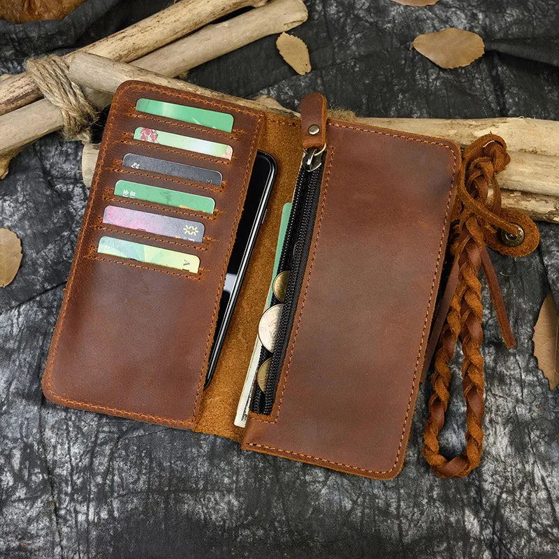 Vintage Leather Wallet Clutch Bag with Braided Strap for Women Men