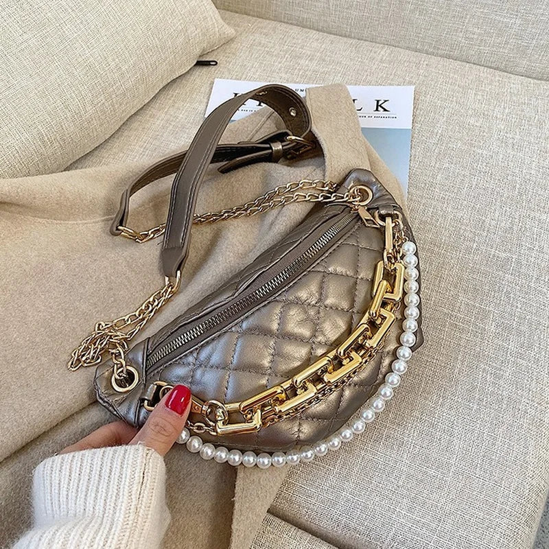 Beading Chain Waist Bag Diamond Lattice PU Leather Fanny Pack Female Waist Pack