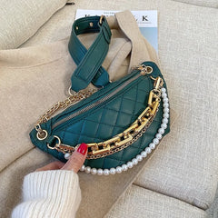 Beading Chain Waist Bag Diamond Lattice PU Leather Fanny Pack Female Waist Pack